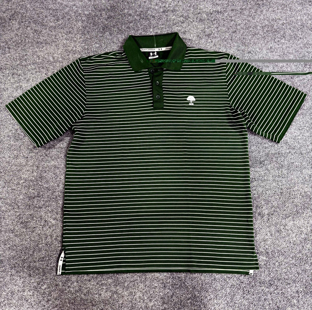 Under Armour Mens Golf Polo Size Medium Dark Green Striped "1898" Tree Logo